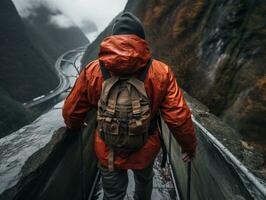 entschlossen Mann klettert ein steil Berg Weg ai generativ foto