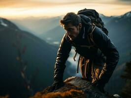 entschlossen Mann klettert ein steil Berg Weg ai generativ foto