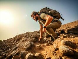 entschlossen Mann klettert ein steil Berg Weg ai generativ foto