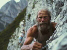 entschlossen Mann klettert ein steil Berg Weg ai generativ foto