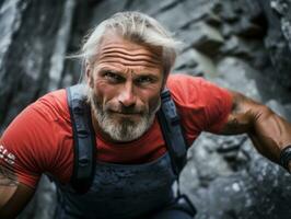 entschlossen Mann klettert ein steil Berg Weg ai generativ foto