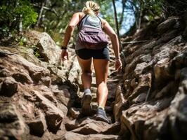 entschlossen Frau klettert ein steil Berg Weg ai generativ foto