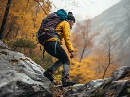 entschlossen Frau klettert ein steil Berg Weg ai generativ foto