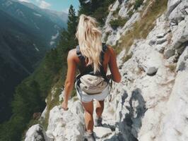 entschlossen Frau klettert ein steil Berg Weg ai generativ foto