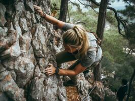 entschlossen Frau klettert ein steil Berg Weg ai generativ foto