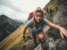 entschlossen Frau klettert ein steil Berg Weg ai generativ foto