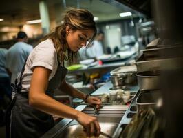 weiblich Koch schafft kulinarisch Meisterwerke im ein geschäftig Küche ai generativ foto
