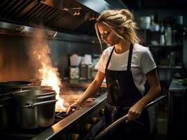weiblich Koch schafft kulinarisch Meisterwerke im ein geschäftig Küche ai generativ foto