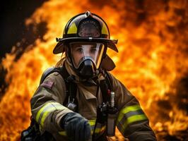 weiblich Feuerwehrmann tapfer Kämpfe das Feuer ai generativ foto