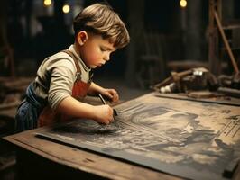 historisch farbig Foto von ein Kinder Täglich Arbeit im das 1900s ai generativ