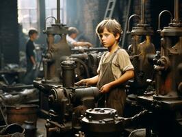 historisch farbig Foto von ein Kinder Täglich Arbeit im das 1900s ai generativ