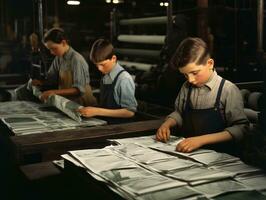 historisch farbig Foto von ein Kinder Täglich Arbeit im das 1900s ai generativ