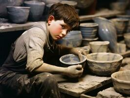 historisch farbig Foto von ein Kinder Täglich Arbeit im das 1900s ai generativ