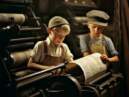 historisch farbig Foto von ein Kinder Täglich Arbeit im das 1900s ai generativ