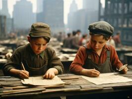 historisch farbig Foto von ein Kinder Täglich Arbeit im das 1900s ai generativ