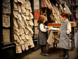 historisch farbig Foto von ein Kinder Täglich Arbeit im das 1900s ai generativ