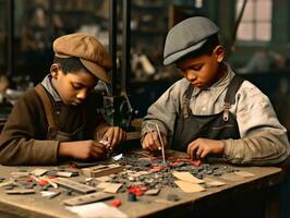 historisch farbig Foto von ein Kinder Täglich Arbeit im das 1900s ai generativ