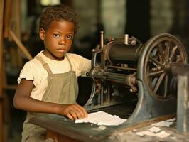 historisch farbig Foto von ein Kinder Täglich Arbeit im das 1900s ai generativ