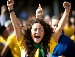 Brasilianer Frau feiert seine Fußball Teams Sieg ai generativ foto