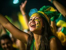 Brasilianer Frau feiert seine Fußball Teams Sieg ai generativ foto