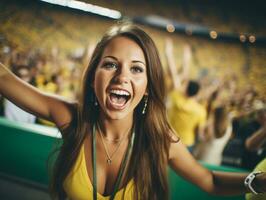 Brasilianer Frau feiert seine Fußball Teams Sieg ai generativ foto