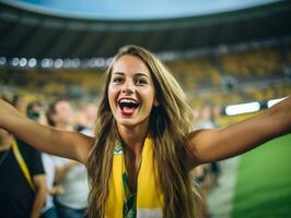 Brasilianer Frau feiert seine Fußball Teams Sieg ai generativ foto