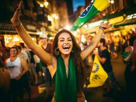 Brasilianer Frau feiert seine Fußball Teams Sieg ai generativ foto