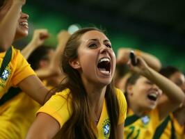 Brasilianer Frau feiert seine Fußball Teams Sieg ai generativ foto