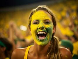 Brasilianer Frau feiert seine Fußball Teams Sieg ai generativ foto