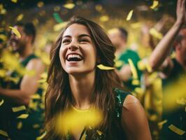 Brasilianer Frau feiert seine Fußball Teams Sieg ai generativ foto