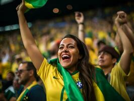 Brasilianer Frau feiert seine Fußball Teams Sieg ai generativ foto