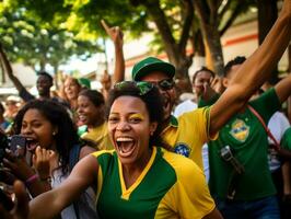 Brasilianer Frau feiert seine Fußball Teams Sieg ai generativ foto