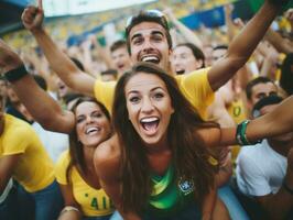 Brasilianer Frau feiert seine Fußball Teams Sieg ai generativ foto