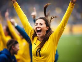 Brasilianer Frau feiert seine Fußball Teams Sieg ai generativ foto