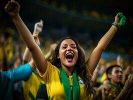 Brasilianer Frau feiert seine Fußball Teams Sieg ai generativ foto