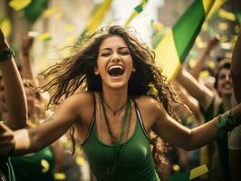 Brasilianer Frau feiert seine Fußball Teams Sieg ai generativ foto