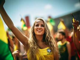 Brasilianer Frau feiert seine Fußball Teams Sieg ai generativ foto