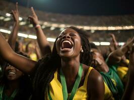 Brasilianer Frau feiert seine Fußball Teams Sieg ai generativ foto