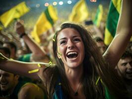 Brasilianer Frau feiert seine Fußball Teams Sieg ai generativ foto