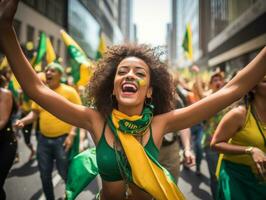 Brasilianer Frau feiert seine Fußball Teams Sieg ai generativ foto