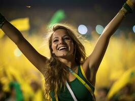 Brasilianer Frau feiert seine Fußball Teams Sieg ai generativ foto