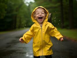 sorglos Kind freudig Tänze im das erfrischend Regen ai generativ foto