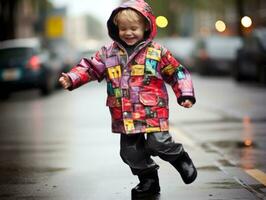 sorglos Kind freudig Tänze im das erfrischend Regen ai generativ foto