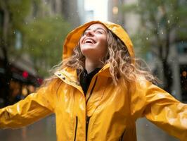 sorglos Frau freudig Tänze im das erfrischend Regen ai generativ foto