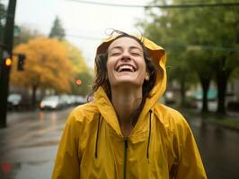 sorglos Frau freudig Tänze im das erfrischend Regen ai generativ foto