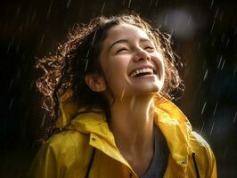 sorglos Frau freudig Tänze im das erfrischend Regen ai generativ foto