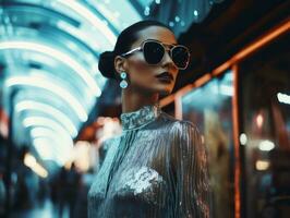 futuristisch Frau im ein glatt und technisch fortgeschritten passen ai generativ foto