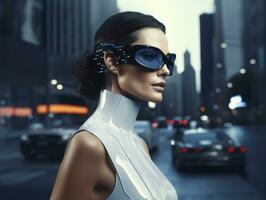 futuristisch Frau im ein glatt und technisch fortgeschritten passen ai generativ foto