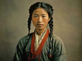 ein alt farbig fotografieren von ein asiatisch Frau von das früh 1900s ai generativ foto