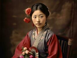 ein alt farbig fotografieren von ein asiatisch Frau von das früh 1900s ai generativ foto